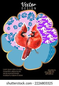 Cover template set with Patterns in Modern Style geometric ornate shapes with Cardinal bird. Cardinal birds are a symbol of Christmas. Visual drawing of ad poster or banner.