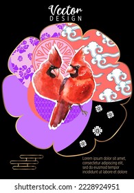 Cover template set with Patterns in Modern Style geometric ornate shapes with Cardinal bird. Cardinal birds are a symbol of Christmas. Visual drawing of ad poster or banner.
