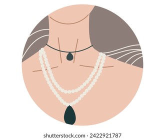 Cover template for social media highlights. Neck of a young beautiful woman with a necklace and chain, jewelry. Vector isolated round sticker or label.