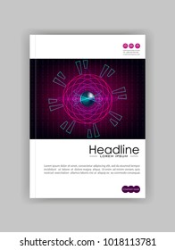 Cover template web banner with HUD atom futuristic metallic core and electrons. Numbers, lines. Good for report, flyer, book, journal, magazine, IT conference. Vector.