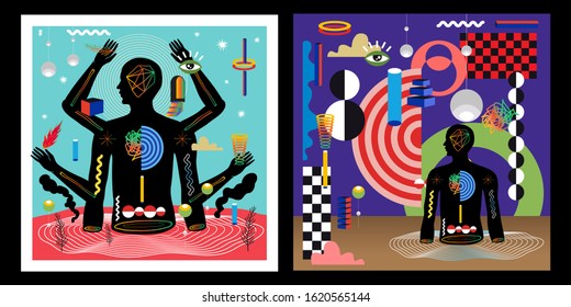 Cover templates with abstract backgrounds, geometric style flat and 3d design elements. Retro art for banners, flyers, placards and posters.