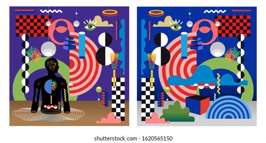 Cover templates with abstract backgrounds, geometric style flat and 3d design elements. Retro art for banners, flyers, placards and posters.