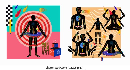 Cover templates with abstract backgrounds, geometric style flat and 3d design elements. Retro art for banners, flyers, placards and posters.