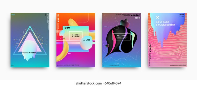 Cover templates with abstract liquid bubbles shapes, 80s memphis geometric style flat and 3d design elements. Retro art for banners, flyers, placards and posters. Esp10 vector illustration.