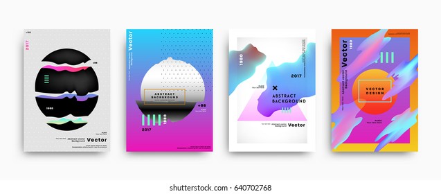 Cover templates with abstract liquid bubbles shapes, 80s memphis geometric style flat and 3d design elements. Retro art for banners, flyers, placards and posters. Esp10 vector illustration.