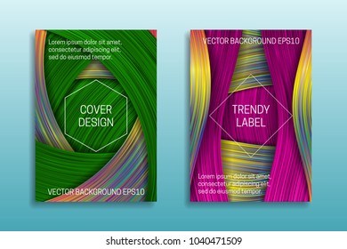 Cover templates with colored and holographic ribbons. Trendy colorful brochures or labels backgrounds.