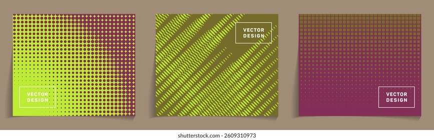 Cover templates with halftone composition backgrounds vector collection. Modern notebook cover pages. Abstract patterns for technological projects. Corporate branding design.