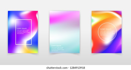 Cover templates with holographic effect. Vector hologram backgrounds for flyers, banners, brochure, placard, poster, card design. Fluid colors neon vector templates