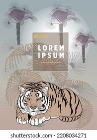 Cover templates with palm trees and tiger. For all occasions to relax. For advertising, sales, discounts, super offers.
