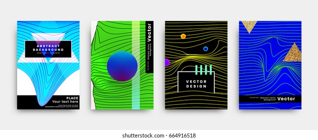 Modelos de capa conjunto com abstrato líquido bolhas formas, 80s memphis estilo geométrico plana e elementos de design 3d. Retrô-arte para cartazes, cartazes, banners e folhetos. Ilustração do vetor Eps10.