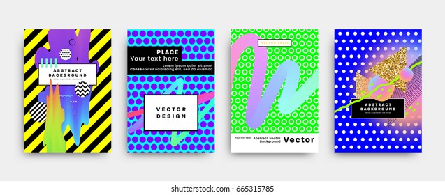 Plantillas de portada con formas abstractas de burbujas líquidas, elementos planos de estilo geométrico de los años 80 y elementos de diseño 3d. Arte de hipster retro para carteles, afiches, pancartas y volantes. Ilustración vectorial Eps10