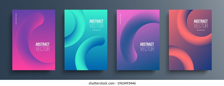 Plantillas de carátula establecidas con líneas abstractas de gradiente suave. Fondos futuristas con formas 3d dinámicas y colores fluidos para su diseño gráfico. Ilustración vectorial.