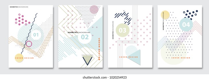 Cover templates set, vector geometric abstract background. Flyer, presentation, brochure, banner, poster design. Memphis, modern bauhaus style. 