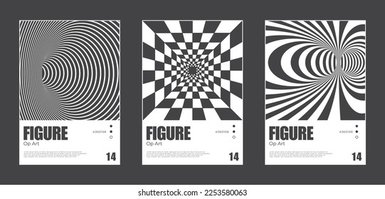 Cover templates set, vector geometric abstract background. Futuristic geometric composition. Meta modern covers. Op art. Vision illusion. Flyer, presentation, brochure, banner, poster design.