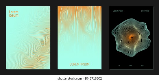 Cover Templates Set with Wavy Lines in Modern Style. Bright Gradient Texture with Curves Stripes and Text. Trendy Covers for Brochure, Magazine, Presentation, Musical Posters. Abstract Backgrounds.