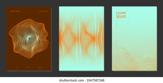 Cover Templates Set with Wavy Lines in Modern Style. Bright Gradient Texture with Curves Stripes and Text. Trendy Covers for Brochure, Magazine, Presentation, Musical Posters. Abstract Backgrounds.