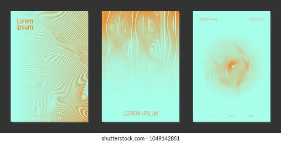 Cover Templates Set with Wavy Lines in Modern Style. Bright Gradient Texture with Curves Stripes and Text. Trendy Covers for Brochure, Magazine, Presentation, Musical Posters. Abstract Backgrounds.