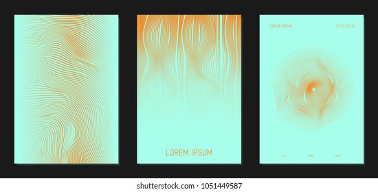 Cover Templates Set with Wavy Lines in Modern Style. Bright Gradient Texture with Curves Stripes and Text. Trendy Covers for Brochure, Magazine, Presentation, Musical Posters. Abstract Backgrounds.