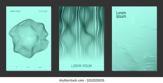 Cover Templates Set with Wavy Lines in Modern Style. Bright Gradient Texture with Curves Stripes and Text. Trendy Covers for Brochure, Magazine, Presentation, Musical Posters. Abstract Backgrounds.