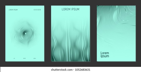 Cover Templates Set with Wavy Lines in Modern Style. Bright Gradient Texture with Curves Stripes and Text. Trendy Covers for Brochure, Magazine, Presentation, Musical Posters. Abstract Backgrounds.