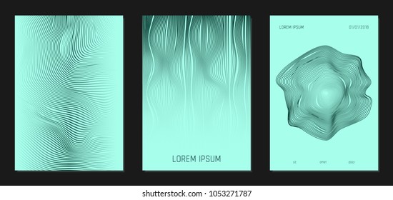 Cover Templates Set with Wavy Lines in Modern Style. Bright Gradient Texture with Curves Stripes and Text. Trendy Covers for Brochure, Magazine, Presentation, Musical Posters. Abstract Backgrounds.