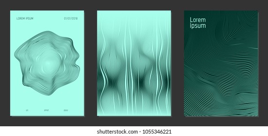 Cover Templates Set with Wavy Lines in Modern Style. Bright Gradient Texture with Curves Stripes and Text. Trendy Covers for Brochure, Magazine, Presentation, Musical Posters. Abstract Backgrounds.