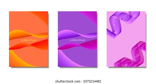 Cover Templates Set with Wavy Stripes and Text. Bright Abstract Backgrounds in Modern Style. Trendy Templates with Distorted Lines for Brochure, Presentation, Poster, Book, Magazine, Catalog, Banner.