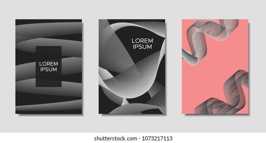 Cover Templates Set with Wavy Stripes and Text. Bright Abstract Backgrounds in Modern Style. Trendy Templates with Distorted Lines for Brochure, Presentation, Poster, Book, Magazine, Catalog, Banner.