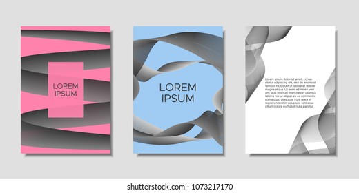 Cover Templates Set with Wavy Stripes and Text. Bright Abstract Backgrounds in Modern Style. Trendy Templates with Distorted Lines for Brochure, Presentation, Poster, Book, Magazine, Catalog, Banner.