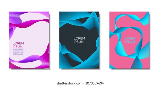 Cover Templates Set with Wavy Stripes and Text. Bright Abstract Backgrounds in Modern Style. Trendy Templates with Distorted Lines for Brochure, Presentation, Poster, Book, Magazine, Catalog, Banner.