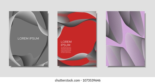 Cover Templates Set with Wavy Stripes and Text. Bright Abstract Backgrounds in Modern Style. Trendy Templates with Distorted Lines for Brochure, Presentation, Poster, Book, Magazine, Catalog, Banner.