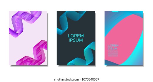 Cover Templates Set with Wavy Stripes and Text. Bright Abstract Backgrounds in Modern Style. Trendy Templates with Distorted Lines for Brochure, Presentation, Poster, Book, Magazine, Catalog, Banner.