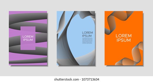Cover Templates Set with Wavy Stripes and Text. Bright Abstract Backgrounds in Modern Style. Trendy Templates with Distorted Lines for Brochure, Presentation, Poster, Book, Magazine, Catalog, Banner.