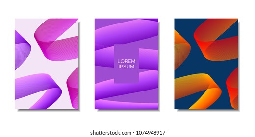 Cover Templates Set with Wavy Stripes and Text. Bright Abstract Backgrounds in Modern Style. Trendy Templates with Distorted Lines for Brochure, Presentation, Poster, Book, Magazine, Catalog, Banner.