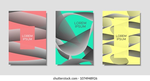 Cover Templates Set with Wavy Stripes and Text. Bright Abstract Backgrounds in Modern Style. Trendy Templates with Distorted Lines for Brochure, Presentation, Poster, Book, Magazine, Catalog, Banner.