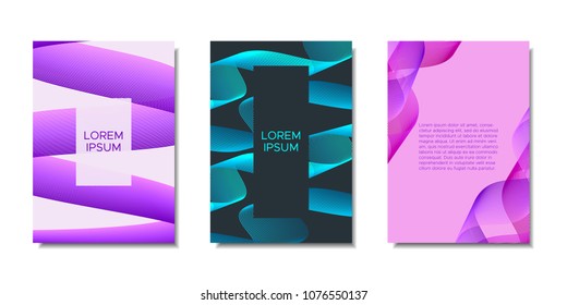 Cover Templates Set with Wavy Stripes and Text. Bright Abstract Backgrounds in Modern Style. Trendy Templates with Distorted Lines for Brochure, Presentation, Poster, Book, Magazine, Catalog, Banner.