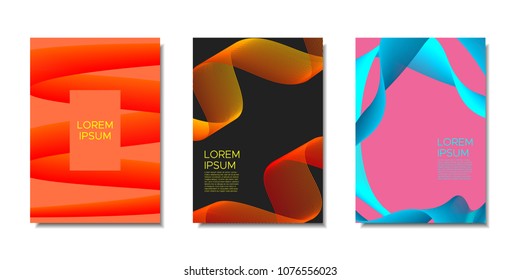 Cover Templates Set with Wavy Stripes and Text. Bright Abstract Backgrounds in Modern Style. Trendy Templates with Distorted Lines for Brochure, Presentation, Poster, Book, Magazine, Catalog, Banner.