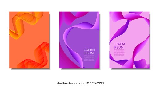 Cover Templates Set with Wavy Stripes and Text. Bright Abstract Backgrounds in Modern Style. Trendy Templates with Distorted Lines for Brochure, Presentation, Poster, Book, Magazine, Catalog, Banner.