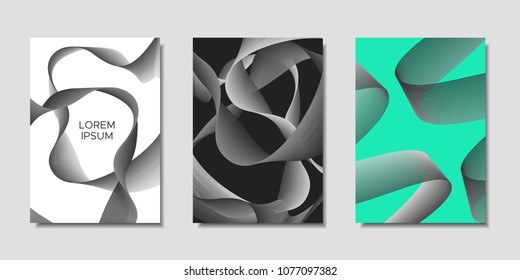 Cover Templates Set with Wavy Stripes and Text. Bright Abstract Backgrounds in Modern Style. Trendy Templates with Distorted Lines for Brochure, Presentation, Poster, Book, Magazine, Catalog, Banner.