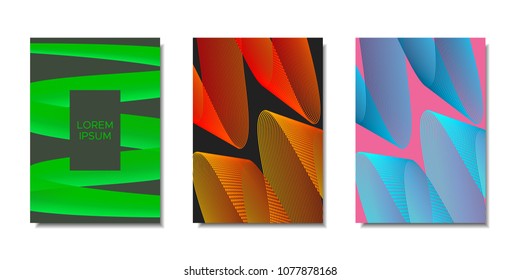 Cover Templates Set with Wavy Stripes and Text. Bright Abstract Backgrounds in Modern Style. Trendy Templates with Distorted Lines for Brochure, Presentation, Poster, Book, Magazine, Catalog, Banner.