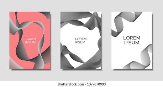 Cover Templates Set with Wavy Stripes and Text. Bright Abstract Backgrounds in Modern Style. Trendy Templates with Distorted Lines for Brochure, Presentation, Poster, Book, Magazine, Catalog, Banner.