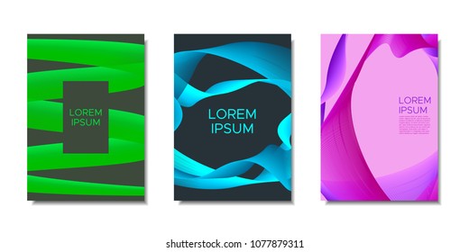 Cover Templates Set with Wavy Stripes and Text. Bright Abstract Backgrounds in Modern Style. Trendy Templates with Distorted Lines for Brochure, Presentation, Poster, Book, Magazine, Catalog, Banner.