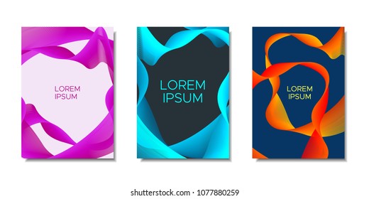 Cover Templates Set with Wavy Stripes and Text. Bright Abstract Backgrounds in Modern Style. Trendy Templates with Distorted Lines for Brochure, Presentation, Poster, Book, Magazine, Catalog, Banner.