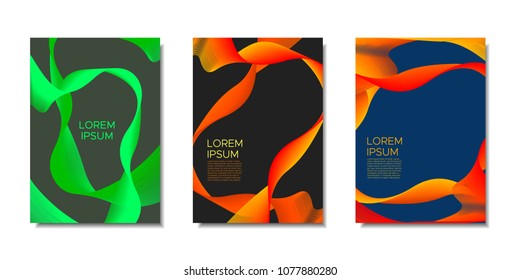 Cover Templates Set with Wavy Stripes and Text. Bright Abstract Backgrounds in Modern Style. Trendy Templates with Distorted Lines for Brochure, Presentation, Poster, Book, Magazine, Catalog, Banner.