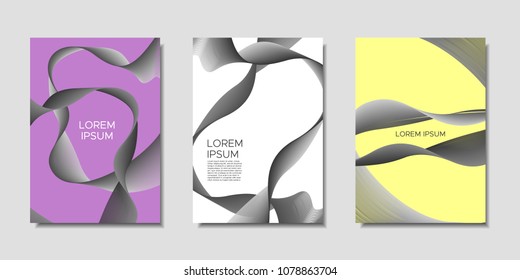 Cover Templates Set with Wavy Stripes and Text. Bright Abstract Backgrounds in Modern Style. Trendy Templates with Distorted Lines for Brochure, Presentation, Poster, Book, Magazine, Catalog, Banner.