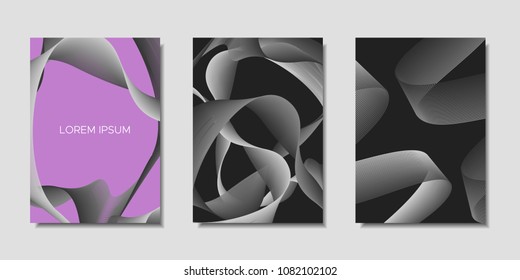 Cover Templates Set with Wavy Stripes and Text. Bright Abstract Backgrounds in Modern Style. Trendy Templates with Distorted Lines for Brochure, Presentation, Poster, Book, Magazine, Catalog, Banner.