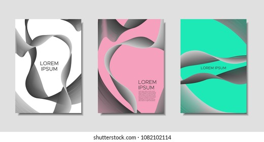 Cover Templates Set with Wavy Stripes and Text. Bright Abstract Backgrounds in Modern Style. Trendy Templates with Distorted Lines for Brochure, Presentation, Poster, Book, Magazine, Catalog, Banner.