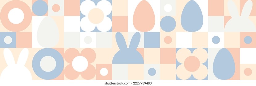 Cover templates for the Spring holiday Easter with a texture of circles and squares. Mosaic with geometric shapes in the style of a Scandinavian pattern, color trend background with eggs.