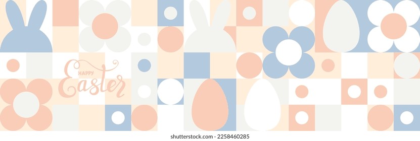 Cover templates for spring holiday Easter with seamless texture. Mosaic with geometric shapes in the style of a Scandinavian pattern, colorful trendy background with eggs and hares.