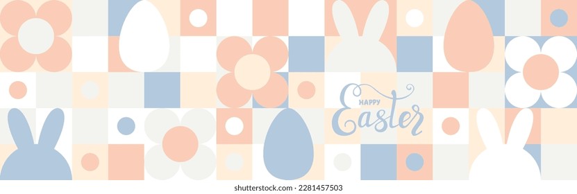 Plantillas de carátulas para vacaciones de primavera Pascua con textura perfecta. Mosaico con formas geométricas al estilo de un patrón escandinavo, colorido fondo de moda con huevos y arces.